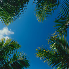 Fototapeta premium Vibrant Green Palm Fronds Frame Bright Blue Summer Sky