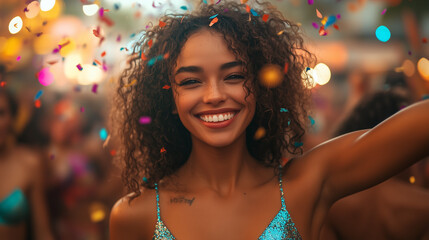 Smiling woman enjoying a lively carnival festival. Festival season concept