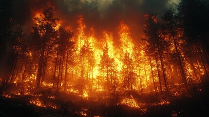 Fototapeta premium Intense wildfire engulfing a forest, showcasing the destructive power of fire.