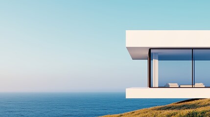 A minimalist, modern house overlooks a serene ocean, showcasing glass walls and a clean design against a clear blue sky.