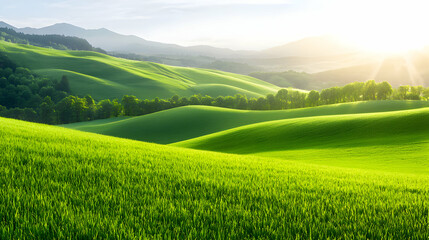 Fototapeta premium Vibrant Green Rolling Hills at Sunrise