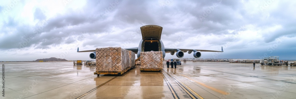 Aufkleber large cargo plane unloading shipments at an airport under overcast skies in a busy hub for transport