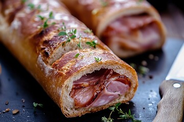 Segments of sausage and ham stuffed in bread, placed on a table with a knife, close-up shot, stock photo, natural lighting, soft shadows, clean background, high-resolution photography