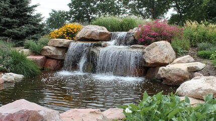 Naklejka premium Serene Waterfall Garden with Lush Greenery and Blooming Flowers