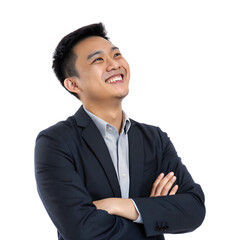 Fototapeta na wymiar Young professional in suit smiling confidently while looking upwards in a bright studio setting
