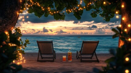 Obraz premium Romantic Beach Sunset: Tranquil Evening with Ocean View, Two Deck Chairs, Drinks and Fairy Lights