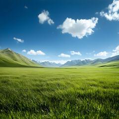 Fototapeta premium Vibrant Green Valley Landscape Under a Blue Sky