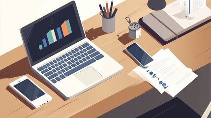 Office desk workspace laptop graphs documents