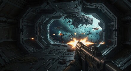 First Person Shooter Gameplay with Gunfire in Sci-fi Space Environment