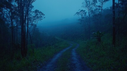 Fototapeta premium Misty Forest Path Winding Through Lush Greenery
