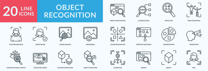 Object recognition icon collection set with pose estimation,face recognition, image analysis, computer vision, object detection
