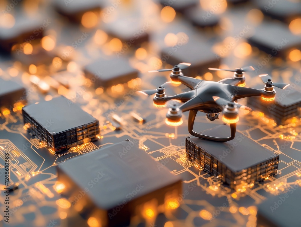 Poster center for hub operations. close-up of a drone on a circuit board with glowing elements, symbolizing