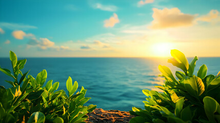 Vibrant Ocean Sunset with Lush Greenery