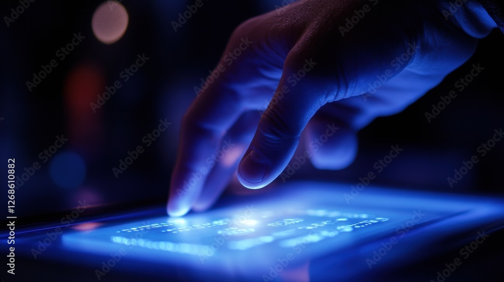 Poster Robotic hand interacts with glowing virtual button in a futuristic setting. Generative AI