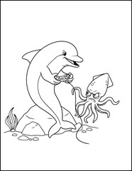 AI Generated Line Art Illustration of a Dolphin Playing Video Games with a Grumpy Squid  Whimsical Underwater Scene  Cute and Playful  Children's Book Style  Black and White  Coloring Page