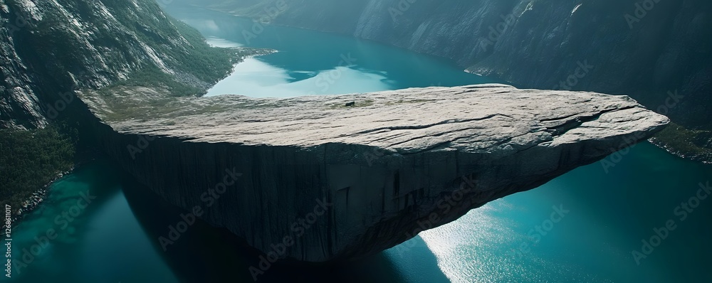 Poster an aerial shot of trolltunga, highlighting its unique rock shape extending over a vast fjord with cl