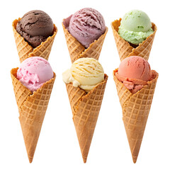 Colorful ice cream cones arranged in a row with various flavors on a clean surface