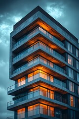 Fototapeta premium Modern apartment building illuminated at dusk, showcasing sleek architecture and warm lighting against a dramatic cloudy sky, ideal for real estate and urban lifestyle themes.