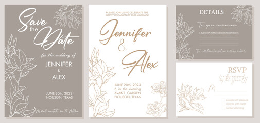 Elegant Wedding Invitation, Save the Date template with RSVP, Details cards. Minimalist botanical stylish Wedding Invitation set, trendy rose flower line art in sage green colors Vector illustration.