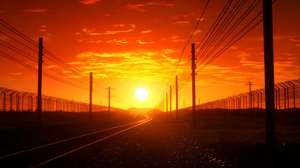 Vibrant Orange Sunset Over Rural Landscape with Power Lines and Railway