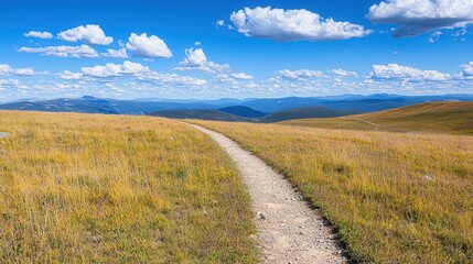 Obraz premium Serene Path Through Golden Grasslands Under a Blue Sky