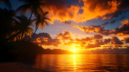 Vibrant Orange Sunset Over Tropical Beach