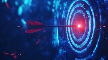 Fototapeta premium 3D render of a business arrow hitting the center of a target with a digital cityscape background 