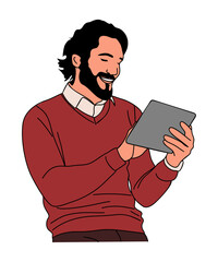 Handsome bearded Businessman working at digital tablet. Smiling man in smart casual office outfit using gadget for work, chatting. Vector outline cartoon illustration isolated on white background.