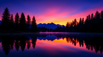 Fototapeta premium Vibrant Pink And Purple Sunrise Over Mountain Lake