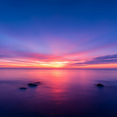 Obraz premium Vibrant Pink And Purple Sunset Over Calm Ocean