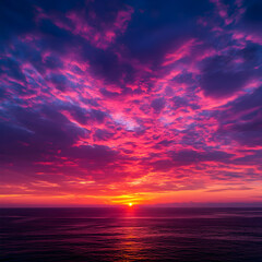 Vibrant Pink And Purple Sunset Over Calm Ocean