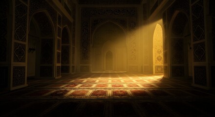 A mosque interior with soft golden lights reflecting off intricate geometric patterns on the walls, emphasizing the serene and sacred atmosphere of Ramadan nights