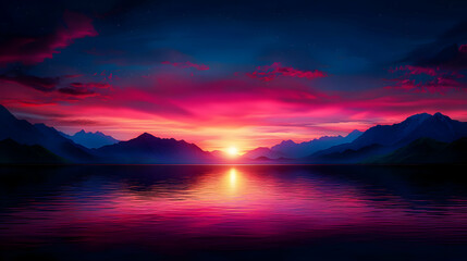Fototapeta premium Vibrant Pink And Purple Sunset Over Mountains And Lake