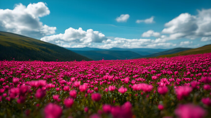 Vibrant Pink Flower Field Against Mountain Landscape