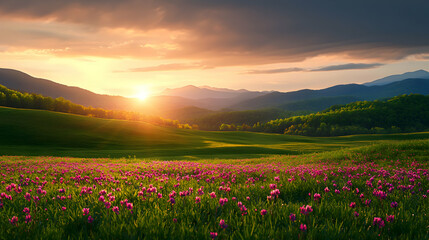 Vibrant Pink Flower Field at Sunset in Mountain Landscape