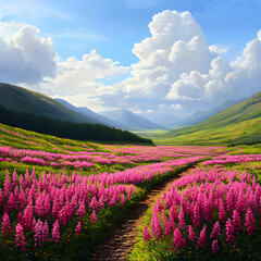 Obraz premium Vibrant Pink Flower Field Path Mountain Valley Landscape