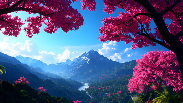 Vibrant Pink Cherry Blossoms Frame Mountain Valley Landscape