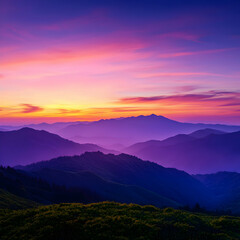 Obraz premium Vibrant Purple And Orange Sunset Over Hazy Mountain Ranges