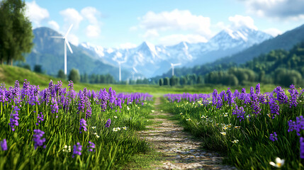 Vibrant Purple Flower Meadow Path Leading to Snow Capped Mountains and Wind Turbines
