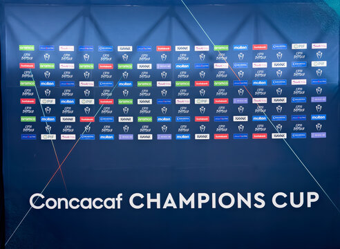 Victoria, British Columbia, Canada. Feb 20, 2025. A backdrop with logos and text "Concacaf Champions Cup" displayed and sponsored Logos