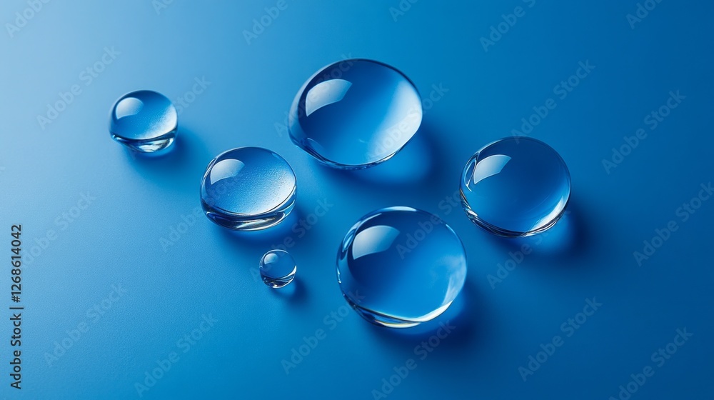 Poster delicate water droplets rest gracefully on a smooth blue surface, capturing light and creating capti