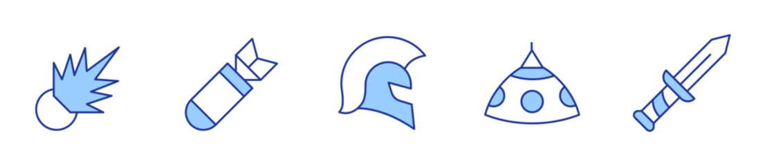 bomb, helmet, missile, spartan, sword. War Icon vector illustration. Line Duotone style. Editable stroke