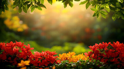 Obraz premium Vibrant Red and Orange Flowers with Green Leaves in Sunlight