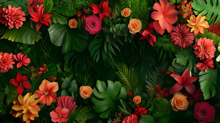 Vibrant Red And Orange Flowers Lush Green Tropical Leaves