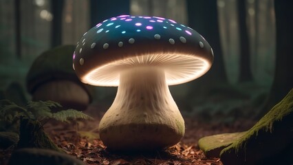 this is an image of a mushroom in the night sky next to flowers and a plant