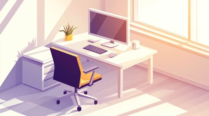 Isometric home office workspace with computer, chair, and plant.  Possible use stock photo