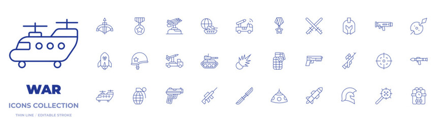 War icons collection. Thin Line icons, editable stroke. army, artillery, bomb, crossbow, double edged sword, dynamite, grenade, gun, helmet, launcher, mace