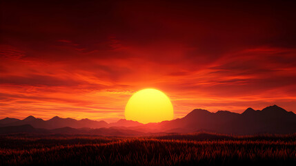 Vibrant Red Sunset Over a Silhouetted Mountain Range