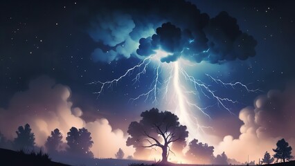a lightning strikes across the sky from a tree in a field at night time in this composite image