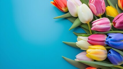colorful paper flowers on blue background for mother's day or mothers'day event
